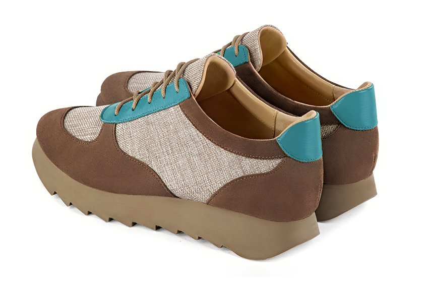 Chocolate brown, natural beige and turquoise blue women's three-tone elegant sneakers. Round toe. Low rubber soles. Rear view - Florence KOOIJMAN